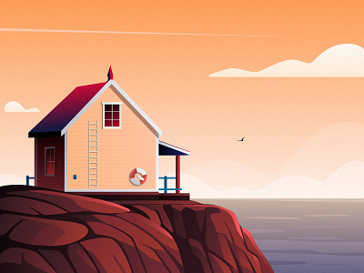 Summer Mood architecture bird cloud design digital art digital illustration draw house illustration landscape mountain nature ocean painting red sky swim vector illustration warmth yellow