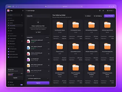 Fillo - AI File Management SaaS Dashboard ai artificial intelligence clean dark mode dashboard data file file management folder management modern neat product design storage ui design upload ux design