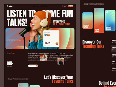 Whispr : Podcast Platform - Website Landing Page animation audio branding clean creative agency design design studio editorial home page interaction design landing page motion graphics online streaming podcast product typography ux ui design web web design website