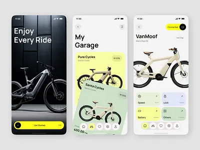 Smart Bicycle Mobile App bicycle companion bicycle navigation bike tracking cycling app cycling performance gps cycling mobile ui modern cycling app ride tracker smart bicycle app smart bike lock ui