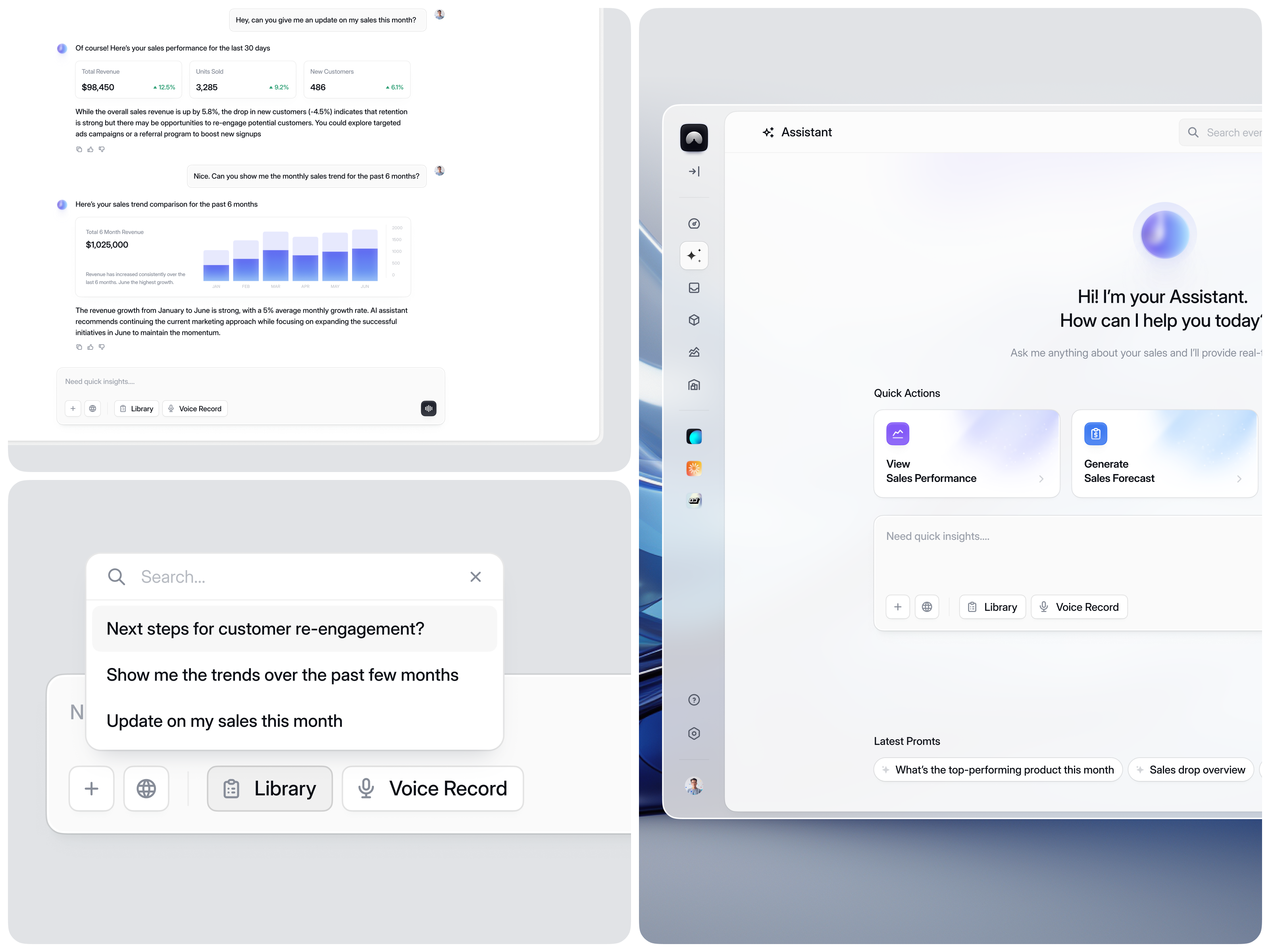 AI Chat Assistant Dashboard - Revup 🗃️ ai assistant card chart chat chat box clean crm dashboard design gradient minimalist orb product design quick action revenue sales states ui ux