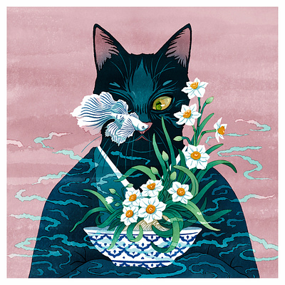 A Floating World book book illustration cat fish garden green illustration japanese narcissus oriental portrait ukiyoe