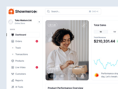 Showmerce AI — Seller’s Live Commerce Dashboard ai commerce ai live ai promoting dashboard dashboard layout design e commerce dashboard ecommerceui glass effect liquid glass live sale live video livecommerce minimalui performance productperformance saasdesign sales video promotion white