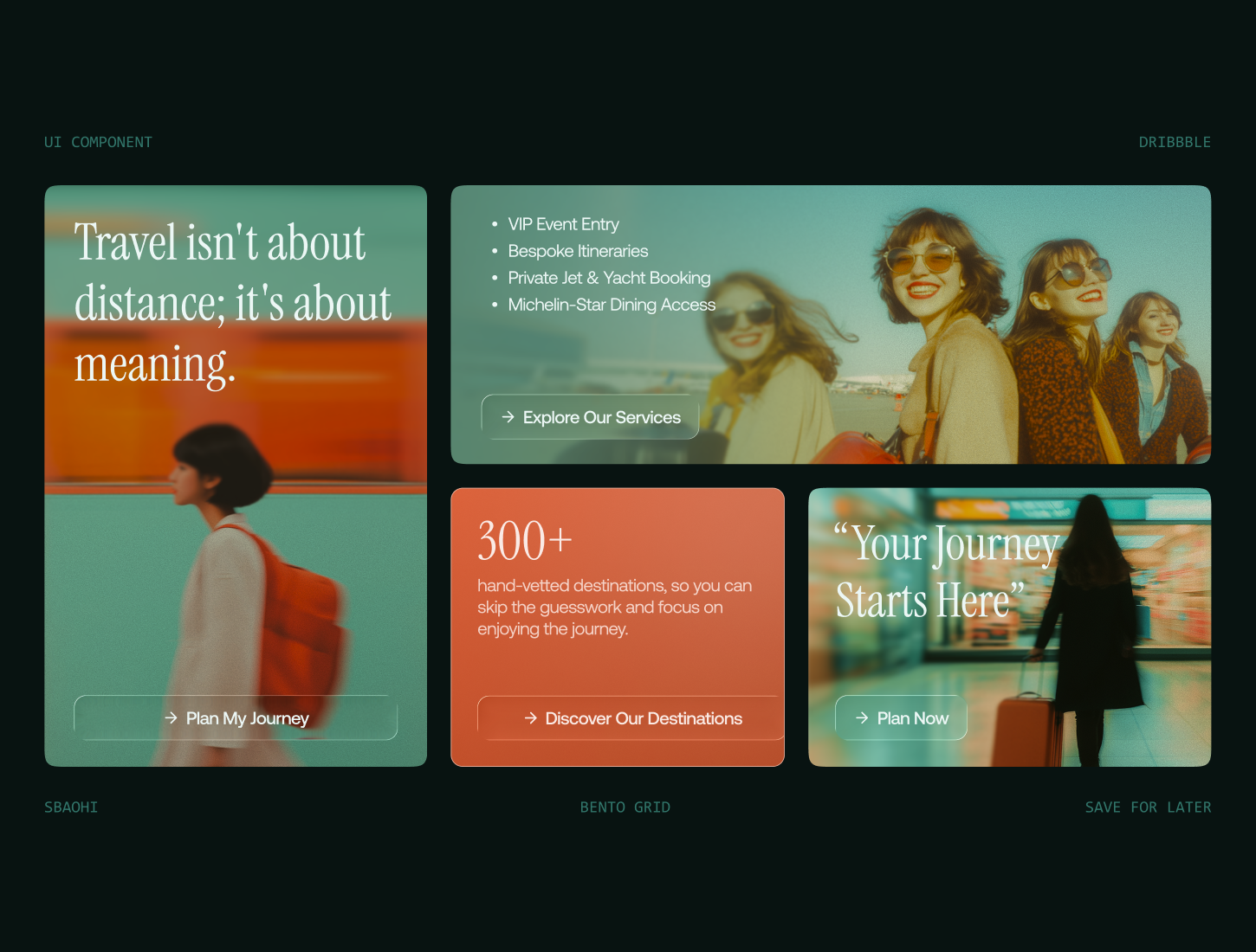 Bento grid for a travel website. bento grid figma luxury muted color palette travel travel website design ui component ui design visual design website design
