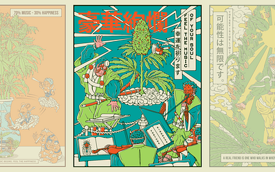 Crescendo. Music for the soul. cannabis character design editorial illustration graphic design illustration japanese japanese character japanese devil japanese oni japanese style mask music poster ukio e vector