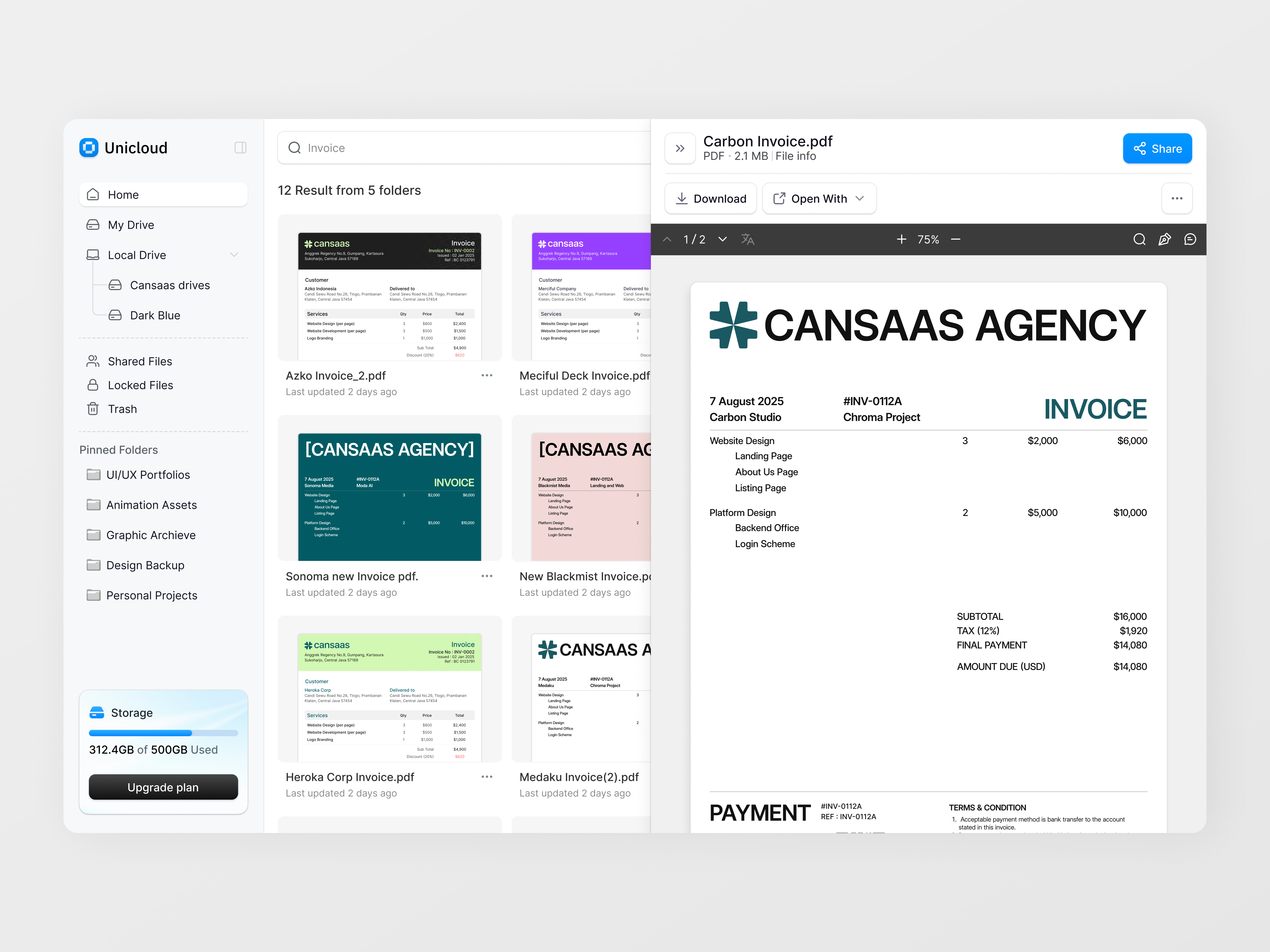 Unicloud - Cloud Storage Dashboard app cansaas clean cloud cloud dashboard cloud storage dashboard design document interface minimal pdf product product design saas saas design storage ui ux