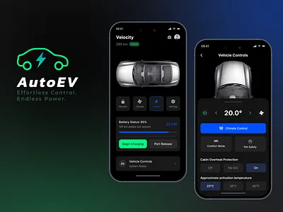 AutoEV – Smart Control for Your Electric Ride app ui autocar dark mode ev charging figma minimal mobile design mobileappui tesla ui uiux ux design
