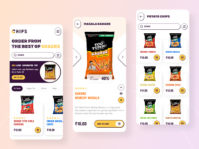 Chips Snacks Product App app design button cards cart cheeps chips colorful design design ecommerce food gradient mobile ui order product product design snacks trending typography ui ux
