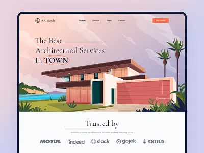 Architecture Service Landing Page Header 🎨 architect architecture building design exterior homepage illustration interior landing page landscape orange rental resort responsive service sunset ui ux vector website