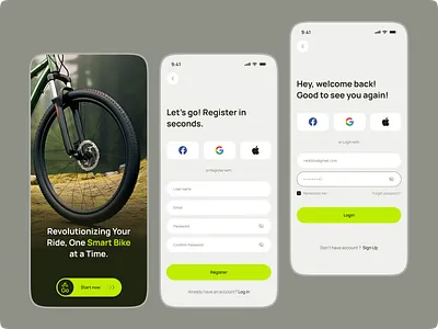Cyclefy - Smart Bicycle App - Login Signup Page bicycle bike bike tracker cycle cycle store design interface login login screen login ui mobile app onboarding registration sign up sign up form smart cycle splash screen ui user interface ux design