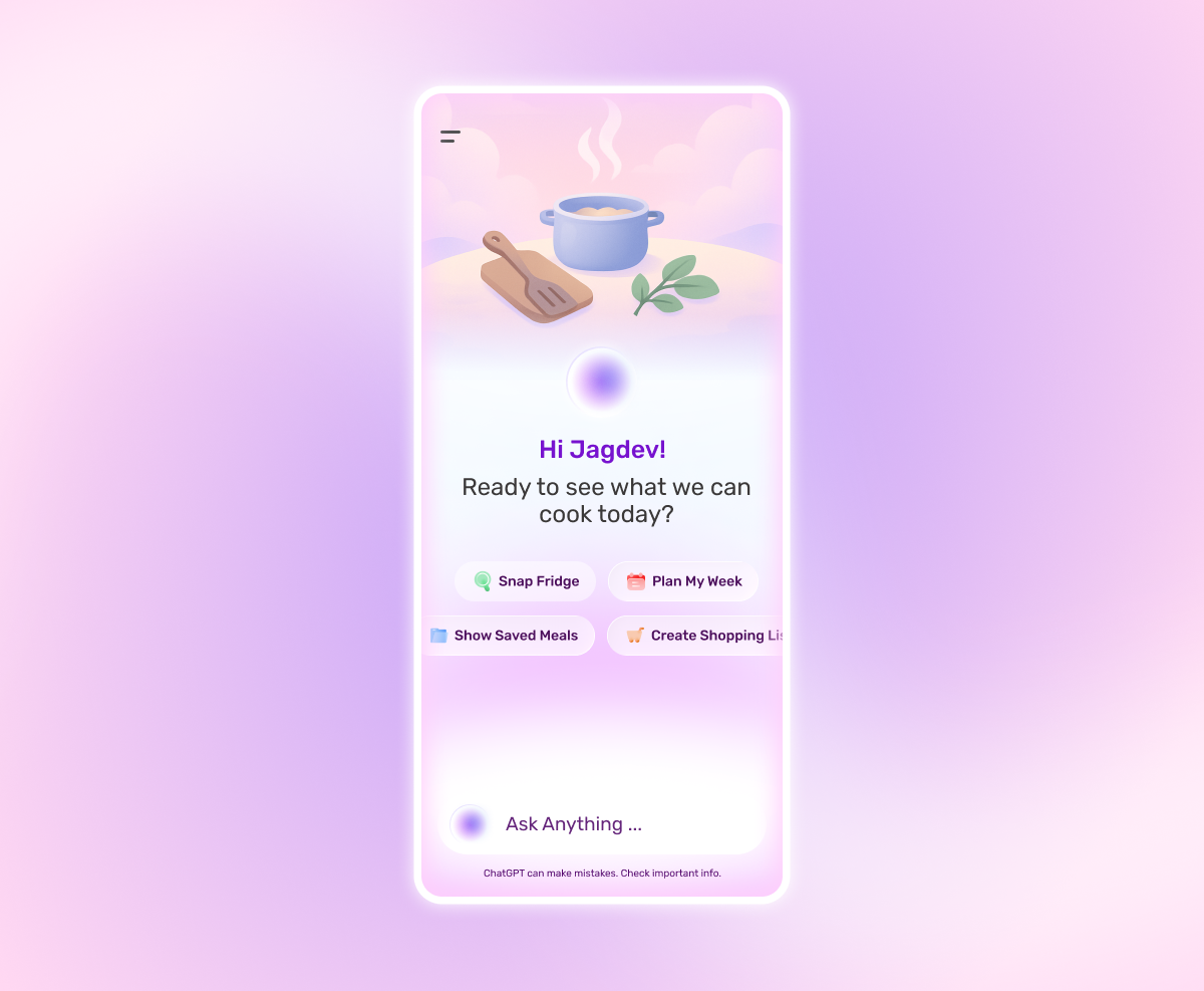 AI Meal Planner ai animation chat chatgpt dish food fridge gradient ingredients meal orb planner recipe scan virtual assistant