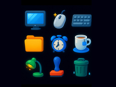 The ICONS in the office 3d branding colorful design icon illustration ui