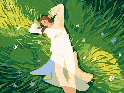 A pause between inhalation and exhalation banner character design field girl herbs illustration sunny vector
