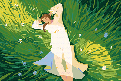 A pause between inhalation and exhalation banner character design field girl herbs illustration sunny vector