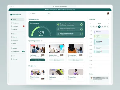 Cloudroom - study app for kids at home badges calendar charts class dashboard education experience homeschool learning planninng progress school ui ux video