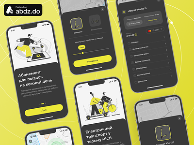 Scooters rental mobile app - Onboarding app application dark theme design filter illustration layout mobile onboarding style ui ux design yellow