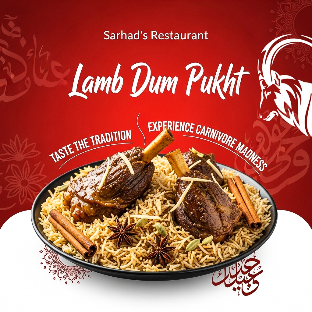 SARHAD RESTAURANTS - LAMB DUM PUKHT / KARAHI MINCE DESIGN arab style restaurant branding carnivore diet desi designs desi restaurant designs graphic design high quality design pakistani cusines restaurant social media design social media managment