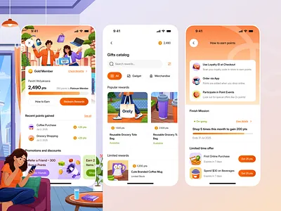 Loyalty Feature - Earn & Redeem Points For Supermarket App 🪙 app catalog clean design experience gamification illustration loyalty mission mobile modern orely points redemption rewards ui ux wallet