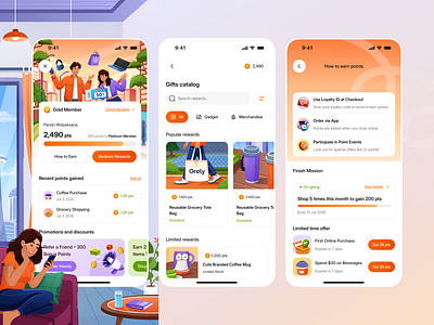 Loyalty Feature - Earn & Redeem Points For Supermarket App 🪙 app catalog clean design experience gamification illustration loyalty mission mobile modern orely points redemption rewards ui ux wallet