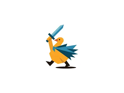 SwordBird – Heroic Avian logo action bird blue bold cape cartoon character fantasy geometric hero king knight mascot playful premium running sword yellow