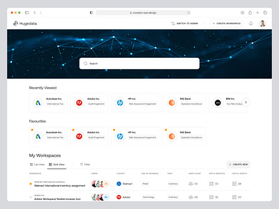 Home page - Workspace list view app service clean ui create workspace creating process data assets data cloud filter list view modal progress recent view saas switch to admin ux web app workspace