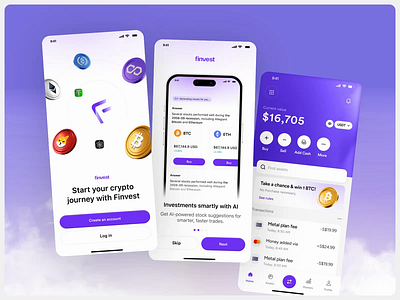 Finvest | Crypto Wallet App Design animation app app design branding card crypto app dashboard design e commerce icons illustration landing page logo logo design mobile mobile app modern app ui product design typography web design