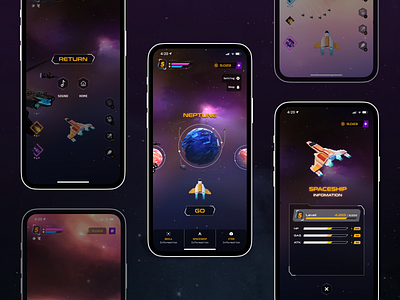 Space Conqueror — Mobile Game UI figma gameui gaming levelup mobilegame neondesign scifi skilltree spacegame spaceship uiux