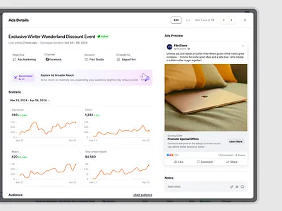 Ecomiq: Detailed Campaign Ads for E-Commerce ad management admin panel campaign analytics dashboard design data visualization ecommerce platform marketing analytics marketing dashboard performance metrics product design saas saas design ui design ux design web app web design