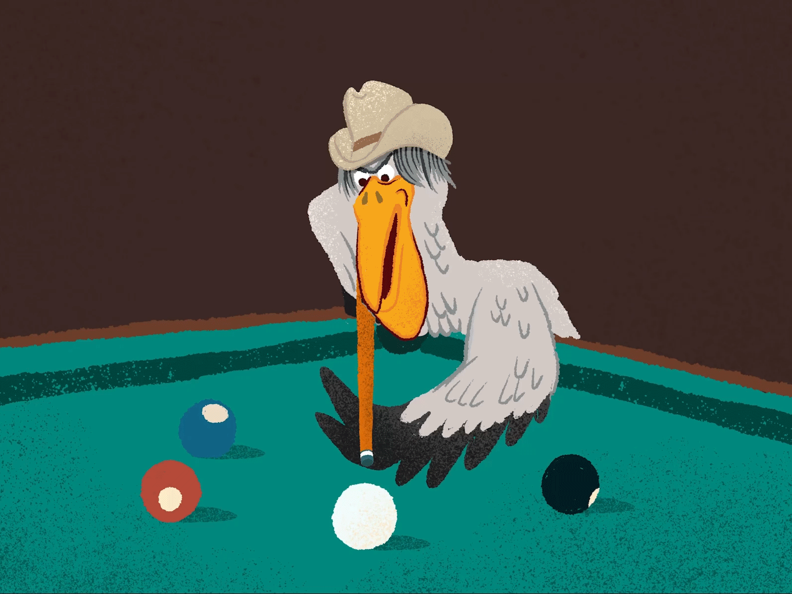 Stork Pool after effects animated short animation billiards cartoon character country music cowboy gif illustration looping gif mograph motion graphics musical pool table procreate stork texture wing