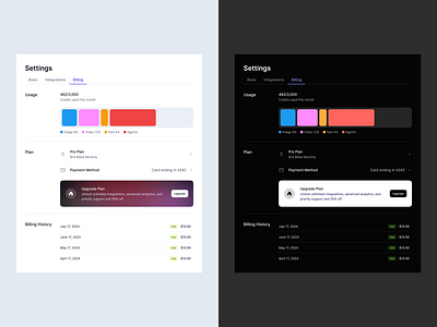 Billing Dashboard – Light & Dark Mode UI