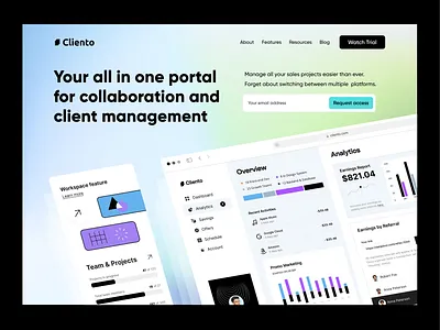 Cliento enterprise: software b2b landing page design analytics analytics website b2b design client management collaboration design invoice landing page payment portal saas software landing page software website web webflow webflow design webflow saas webpage website