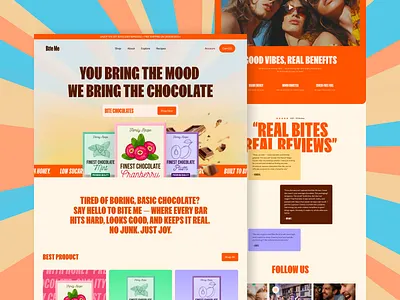 Bite Me – Chocolate Landing Page Design bold design branding chocolate chocolate landing page e commerce food gen z landing page modern design product shop snacks trending typography ui ui design uiux web design website website ui