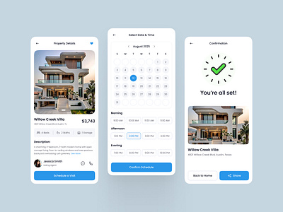 Property Visit Scheduler App – Modern UI Design for Real Estate android app app concept app design booking flow calendar ui clean ui interaction design ios app minimal ui mobile app design modern ui property app property booking real estate real estate app ui ui design ux design