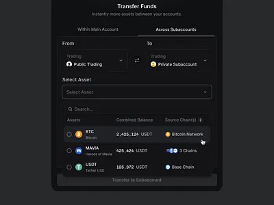 Transfer Crypto Funds btc crypto dex funds modal money popup subaccount transfer
