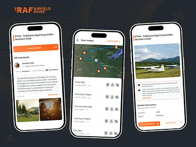 Route Map and Info Screens of Mobile App | The Airfield Guide airfield airlines airplane design flight app design fly guide map mobile app monitoring pilot plane plane guide product design raf route route detailes ui design user interface ux ui