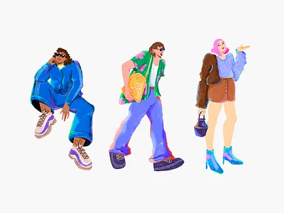Stylish characters bag character characterdesign clothes comercial design fashion flat glasses hair illustration man minimal sit skin stay stylish walk woman