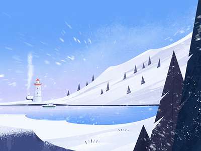 Snowfall 2d art design flat house illustration illustrator landscape lighthouse minimal nature snow snowfall vector winter