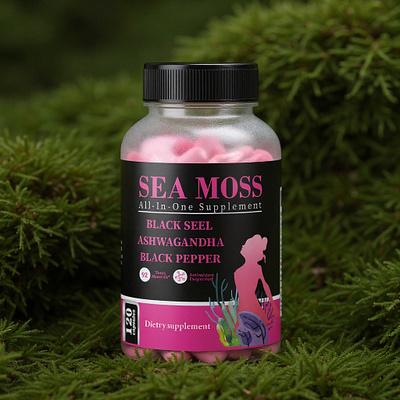 SEA MOSS Supplement Label Design branding design graphic design illustration label design packaging design pouch design pouch label product label design sea moss sea moss supplement see moss label supplement
