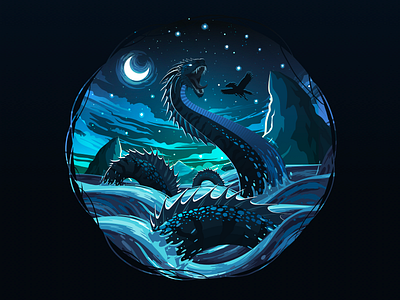Midgard Serpent blue art darkmythology epic fantasyworld illustration jormungandr landscape loki midgard midgardserpent mythinspiredart nature negative night nordiclegends prokopenko seaserpent serpent vikinglore