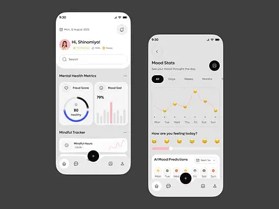 Mental health tracking app ai mood tracking app ai powered self care app app design depression checker depression tracker health care app ios app design mental health mental health app mental health tracker app mental health tracking mobile mobile app mobile app design mood habit tracking mood prediction app mood tracking ui design wellness insights