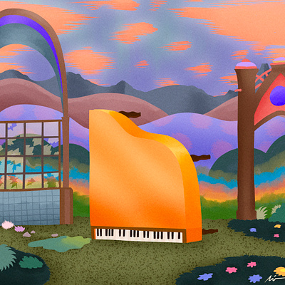 "The last piano on Earth" art branding color pencil cover design draw dream illustration landscape music piano surrealist vintage water ink
