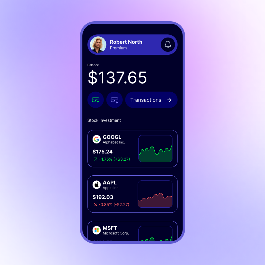 UI investment mobile app android app charts crypto currency crypto investment digital wallet e wallet investment ios app minimal ui mobile app mobile ui notification profile stock dashboard stock investment transaction ui dashboard user profile ux wallet