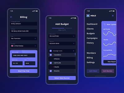 Holo - Marketing platform - Responsive for Mobile and Tablets adaptive billing clean dark mode dashboard design light mode marketing mobile app mobile responsive responsive settings tablet ui ux web web app web platform