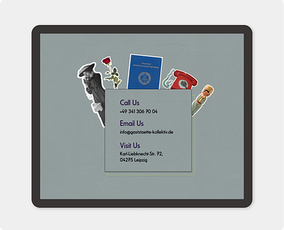 Gaststätte Kollektiv – DDR Nostalgia Contact Module background color contact creativedesign cutout digitaldesign lilaquadrat module typography ui uidesign userexperience userinterface ux uxdesign visual webdesign websitedesign