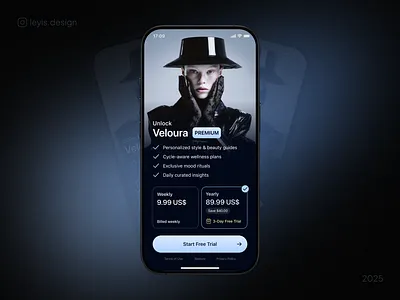 Paywall with free trial for premium wellness & style mobile app ai app design blue dark blue dark mode e commerce fashion fashion app gradient growth design luxury midjourney mobile app mobile app design mobile ui paywall product design ui web3 white