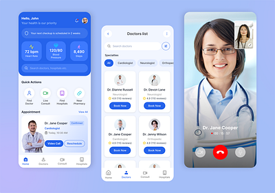 Healthcare app UI doctor appointment app health app design health monitoring health tracker healthcare app healthcare ux hospital app medical app medical dashboard medical records app mobile app uiux design online consultation patient portal pharmacy app telehealth app ui telemedicine video call app wellness app