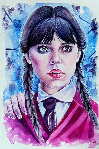 Wednesday Addams Jenna Ortega Fan Art – Watercolor Portrait addams fan art hand painted illustration ortega painting portrait watercolor wednesday