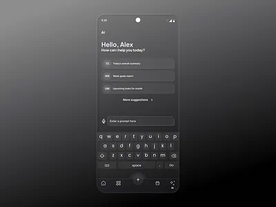 AI ai assistant app ai helper ui ai productivity tool chatbot interface clean dark theme conversation design dark mode ui futuristic app design inimalist mobile ui mobile ai ui mobile dashboard ai modern mobile design personal assistant app productivity assistant prompt suggestion ui sleek mobile interface smart assistant design task automation ui ux for ai tools voice input ui