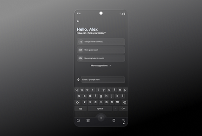 AI ai assistant app ai helper ui ai productivity tool chatbot interface clean dark theme conversation design dark mode ui futuristic app design inimalist mobile ui mobile ai ui mobile dashboard ai modern mobile design personal assistant app productivity assistant prompt suggestion ui sleek mobile interface smart assistant design task automation ui ux for ai tools voice input ui