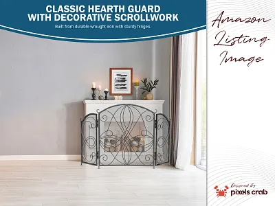 E-commerce product infographics - Wrought Iron Fireplace amazon enhanced brand content amazon infographic template amazon lifestyle image amazon listing design amazon product infographic amazon store creative decorative fireplace screen e commerce graphic design e commerce product image fireplace safety screen fireplace screen design foldable fireplace guard hearth guard infographic home decor product listing iron scrollwork design product detail image product marketing image product photo editing protective hearth screen wrought iron fireplace guard